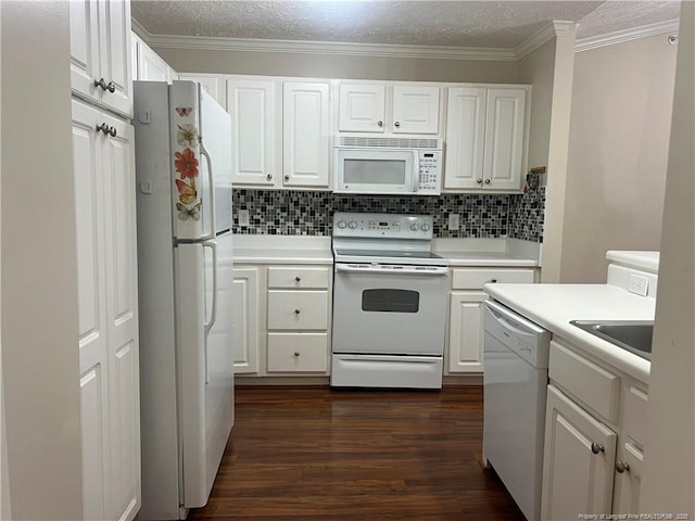3322 Harbour Pointe Pl Unit 17, Fayetteville, NC 28314 - kitchen with white appliances, tasteful backsplash, white cabinets, dark wood-style flooring, and a textured ceiling