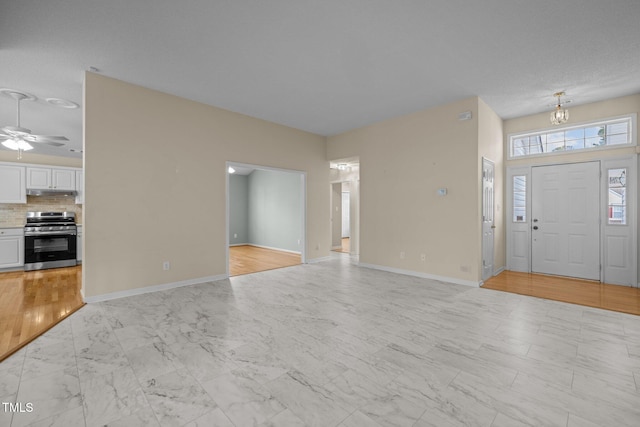 100 W Acres Cres, Cary, NC 27519 - unfurnished living room with light marble finish floors and ceiling fan
