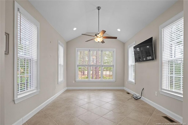 259 Rolling Pines Dr, Spring Lake, NC 28390 - empty room with ceiling fan, light tile patterned floors, vaulted ceiling, and recessed lighting
