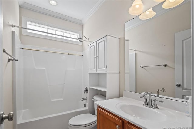 259 Rolling Pines Dr, Spring Lake, NC 28390 - bathroom with vanity, ornamental molding, and shower / washtub combination