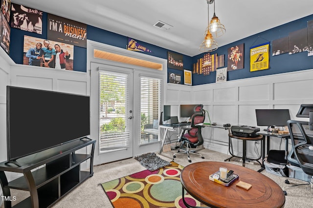 417 Austin View Blvd, Wake Forest, NC 27587 - carpeted office space featuring a decorative wall, french doors, and a wainscoted wall