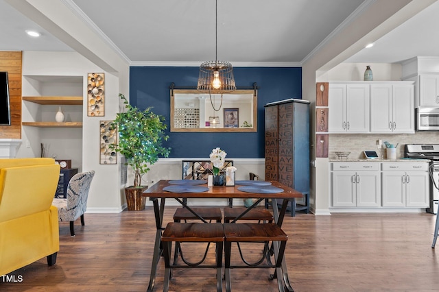417 Austin View Blvd, Wake Forest, NC 27587 - dining area with dark wood finished floors, ornamental molding, built in shelves, and recessed lighting