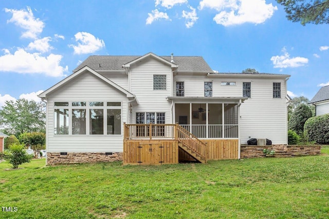 1120 Colonial Club Rd, Wake Forest, NC 27587 - back of house with a sunroom, stairs, a yard, and ceiling fan
