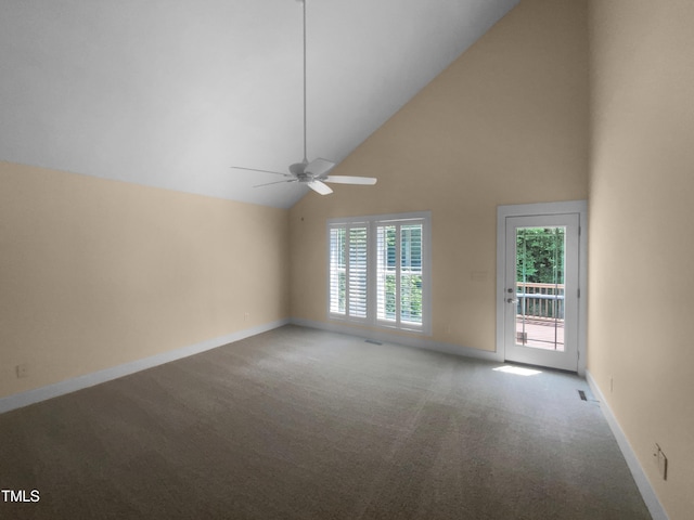 495 Ruth Cir, Fuquay Varina, NC 27526 - spare room featuring high vaulted ceiling, carpet floors, and ceiling fan
