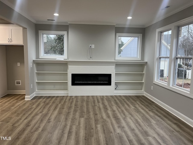 3204 Overlook Ct, Burlington, NC 27215 - unfurnished living room with wood finished floors, plenty of natural light, a fireplace, crown molding, and recessed lighting
