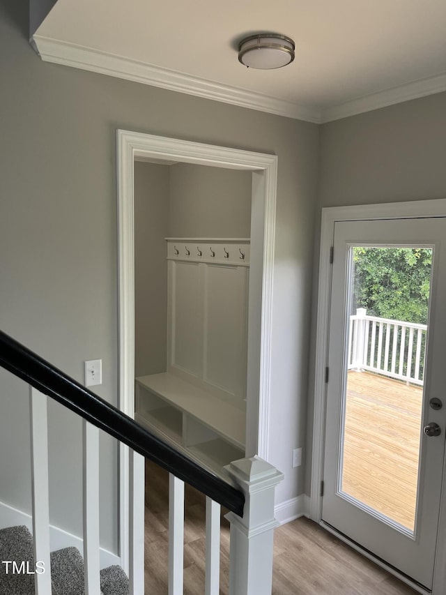 3204 Overlook Ct, Burlington, NC 27215 - mudroom featuring crown molding and light wood-style flooring