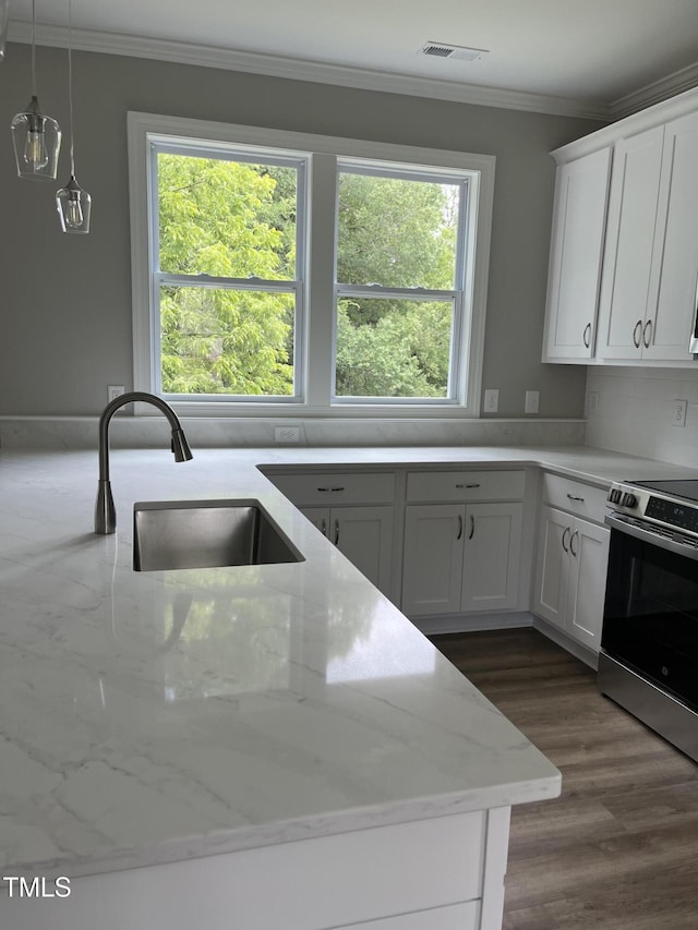 3204 Overlook Ct, Burlington, NC 27215 - kitchen with electric stove, dark wood-style flooring, crown molding, light stone counters, and white cabinets