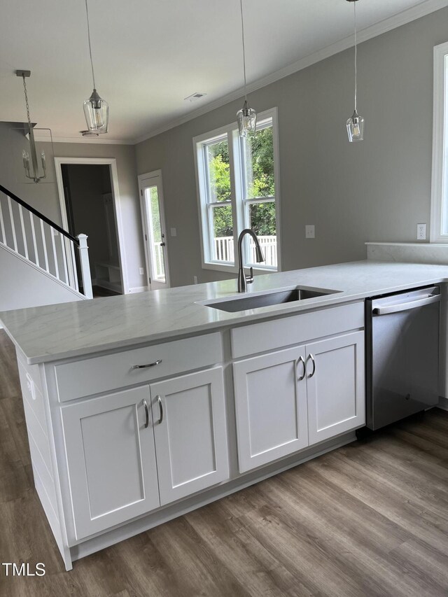 3204 Overlook Ct, Burlington, NC 27215 - kitchen featuring dishwasher, ornamental molding, white cabinetry, pendant lighting, and dark wood-style flooring