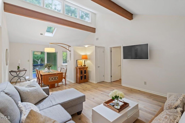 1403 Meadow Ln, Chapel Hill, NC 27516 - living room featuring beam ceiling, plenty of natural light, a skylight, high vaulted ceiling, and light wood-type flooring