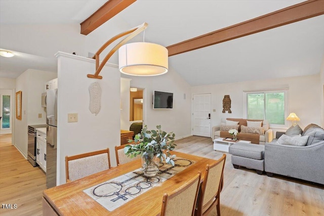 1403 Meadow Ln, Chapel Hill, NC 27516 - dining room with beam ceiling, light wood-style flooring, and high vaulted ceiling