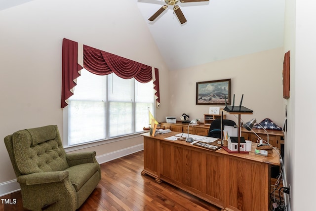 5920 Two Pines Trl, Wake Forest, NC 27587 - office space with ceiling fan, wood finished floors, and high vaulted ceiling