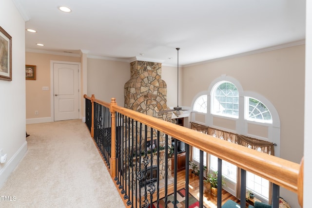 5920 Two Pines Trl, Wake Forest, NC 27587 - corridor with an upstairs landing, recessed lighting, and crown molding