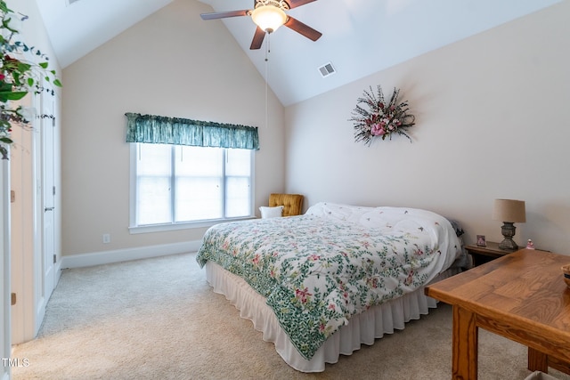 5920 Two Pines Trl, Wake Forest, NC 27587 - bedroom with light carpet, high vaulted ceiling, and a ceiling fan