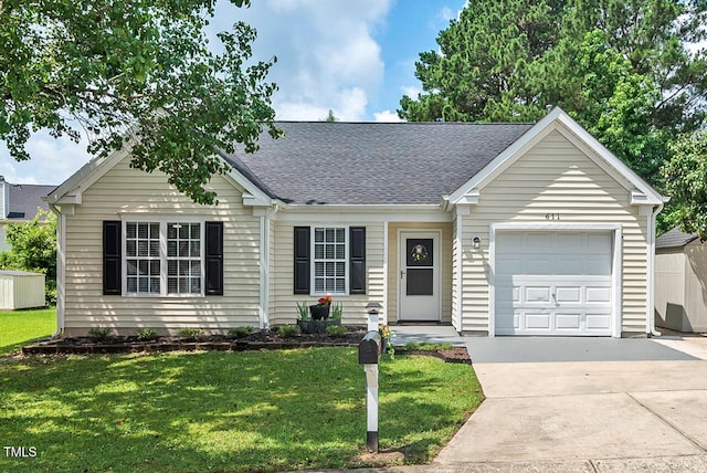611 Quartz Dr, Durham, NC 27703 - ranch-style house featuring a garage, driveway, a front lawn, and a shingled roof
