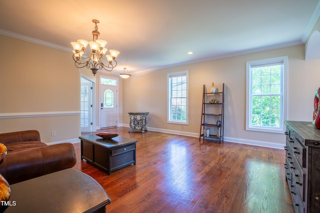 9701 Corktree Ct, Wake Forest, NC 27587 - living room with a chandelier, ornamental molding, dark wood finished floors, and recessed lighting