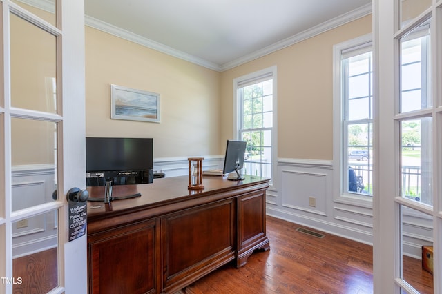 9701 Corktree Ct, Wake Forest, NC 27587 - office space featuring crown molding, dark wood-style flooring, a wainscoted wall, and a decorative wall