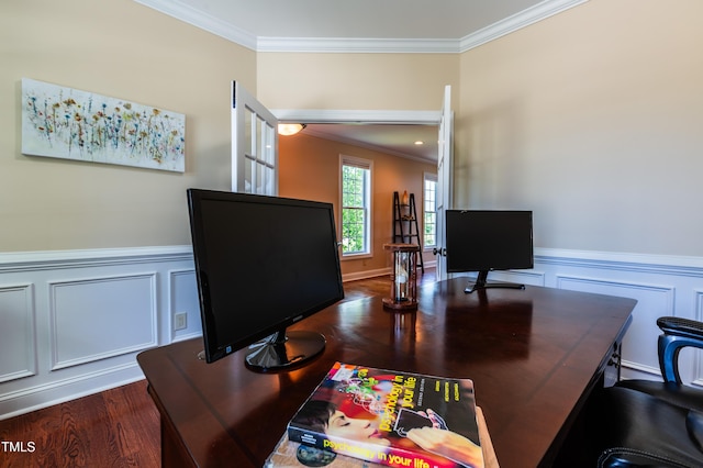 9701 Corktree Ct, Wake Forest, NC 27587 - office space with ornamental molding, a wainscoted wall, a decorative wall, and dark wood-style floors