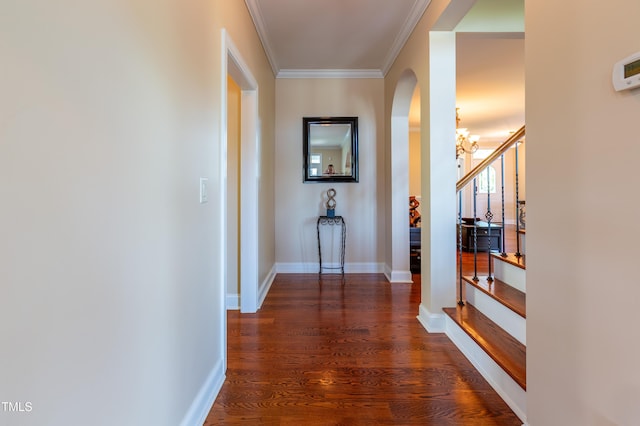 9701 Corktree Ct, Wake Forest, NC 27587 - hallway featuring ornamental molding, a chandelier, arched walkways, dark wood-style floors, and stairway