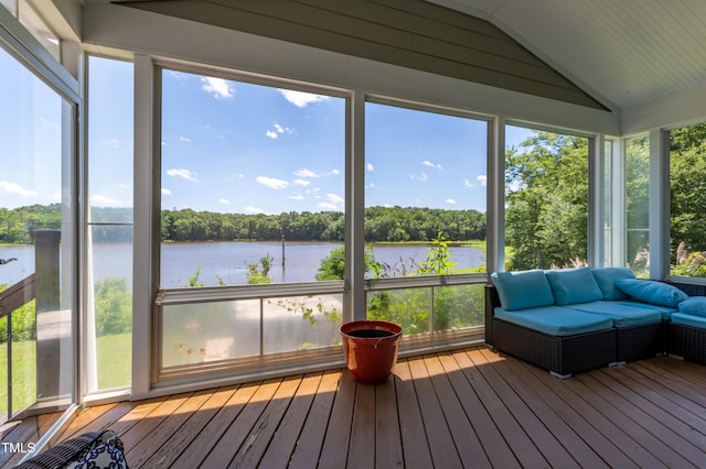 9701 Corktree Ct, Wake Forest, NC 27587 - sunroom with a water view, lofted ceiling, view of wooded area, and an outdoor hangout area
