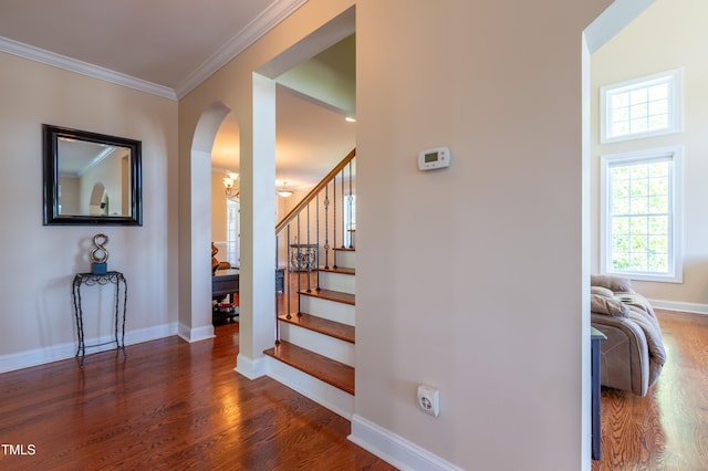 9701 Corktree Ct, Wake Forest, NC 27587 - stairway with wood finished floors, ornamental molding, and arched walkways