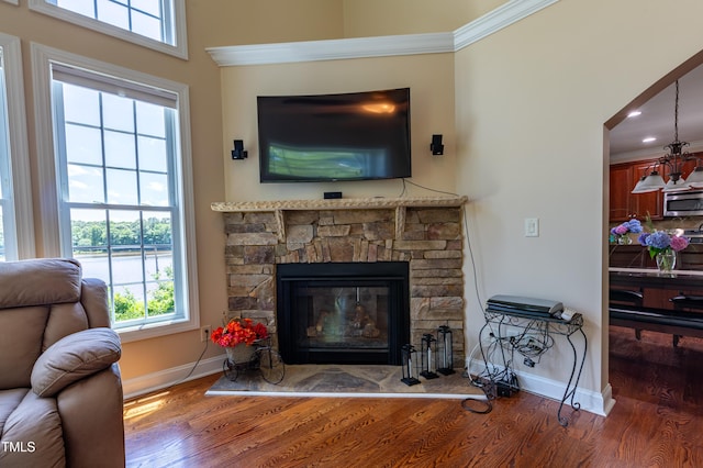 9701 Corktree Ct, Wake Forest, NC 27587 - living area featuring wood finished floors, a stone fireplace, healthy amount of natural light, recessed lighting, and crown molding