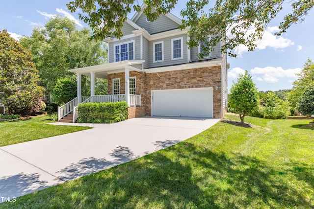 9701 Corktree Ct, Wake Forest, NC 27587 - craftsman inspired home with a porch, stone siding, an attached garage, driveway, and a front yard