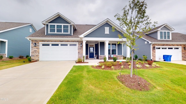 1720 Pinecliff Ct, Fuquay Varina, NC 27526 - craftsman-style house with covered porch, driveway, stone siding, and a front yard