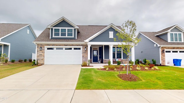 1720 Pinecliff Ct, Fuquay Varina, NC 27526 - craftsman inspired home with covered porch, a front yard, driveway, and stone siding