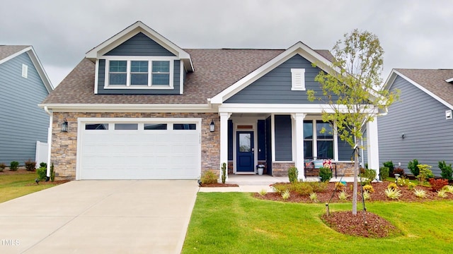 1720 Pinecliff Ct, Fuquay Varina, NC 27526 - craftsman house featuring stone siding, covered porch, a front lawn, driveway, and roof with shingles