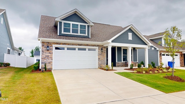 1720 Pinecliff Ct, Fuquay Varina, NC 27526 - craftsman-style house featuring a porch, stone siding, concrete driveway, and a shingled roof