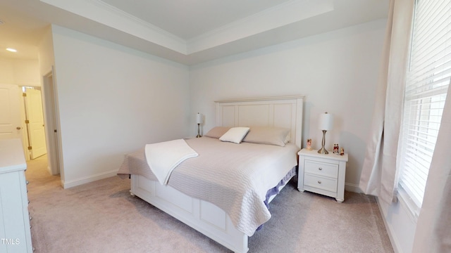 1720 Pinecliff Ct, Fuquay Varina, NC 27526 - bedroom featuring light carpet, multiple windows, crown molding, and a raised ceiling
