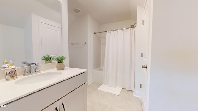 1720 Pinecliff Ct, Fuquay Varina, NC 27526 - full bath with vanity, tile patterned floors, and shower / bath combo with shower curtain