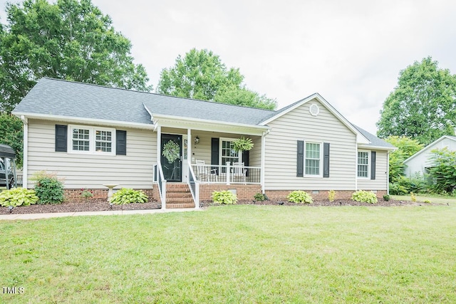 2120 Northcrest Dr, Elon, NC 27244 - ranch-style home featuring a porch, a front lawn, crawl space, and a shingled roof