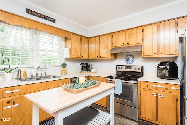 2120 Northcrest Dr, Elon, NC 27244 - kitchen featuring stainless steel range with electric stovetop, under cabinet range hood, crown molding, light countertops, and wood finished floors