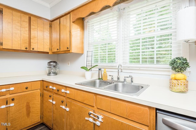 2120 Northcrest Dr, Elon, NC 27244 - kitchen with light countertops, crown molding, dishwasher, and brown cabinetry