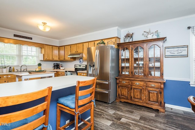 2120 Northcrest Dr, Elon, NC 27244 - kitchen with electric range oven, stainless steel refrigerator with ice dispenser, light countertops, ornamental molding, and under cabinet range hood