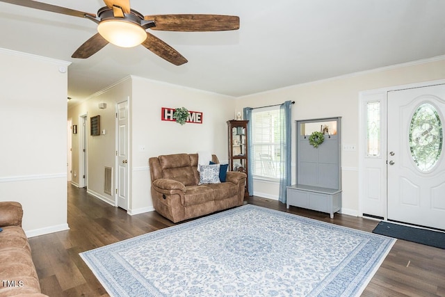 2120 Northcrest Dr, Elon, NC 27244 - living room featuring wood finished floors, plenty of natural light, a ceiling fan, and crown molding