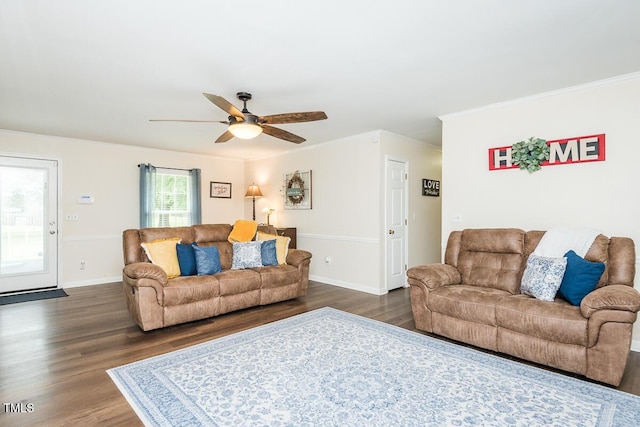 2120 Northcrest Dr, Elon, NC 27244 - living room with dark wood-type flooring, ceiling fan, and crown molding