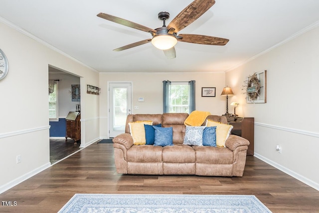 2120 Northcrest Dr, Elon, NC 27244 - living area featuring ceiling fan, wood finished floors, and ornamental molding