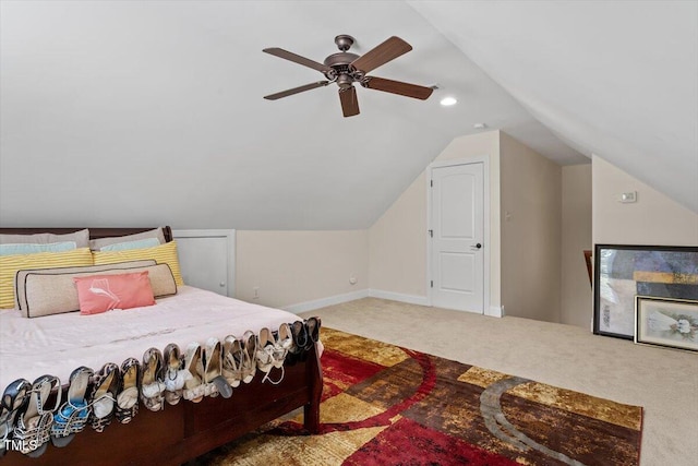 23 Northern Way Ct, Durham, NC 27712 - carpeted bedroom with lofted ceiling, a ceiling fan, and recessed lighting