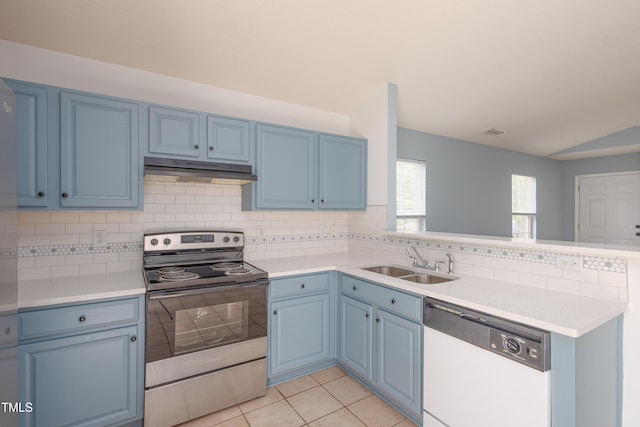 418 Lodestone Dr, Durham, NC 27703 - kitchen with electric stove, white dishwasher, blue cabinets, and under cabinet range hood
