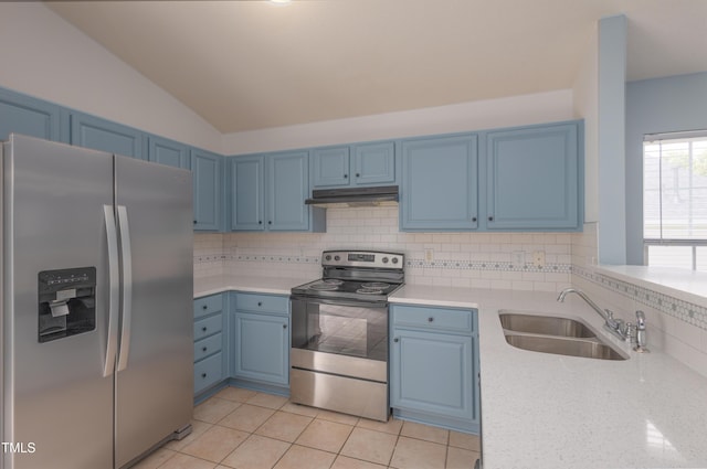 418 Lodestone Dr, Durham, NC 27703 - kitchen with stainless steel appliances, blue cabinetry, backsplash, under cabinet range hood, and lofted ceiling