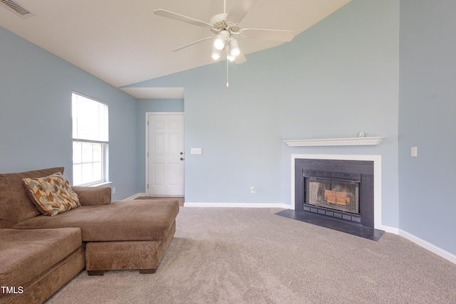 418 Lodestone Dr, Durham, NC 27703 - carpeted living area featuring ceiling fan, a fireplace with flush hearth, and high vaulted ceiling