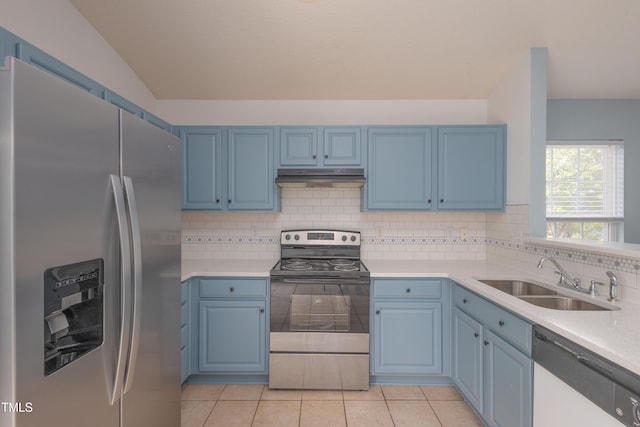 418 Lodestone Dr, Durham, NC 27703 - kitchen with stainless steel appliances, blue cabinets, under cabinet range hood, tasteful backsplash, and light countertops