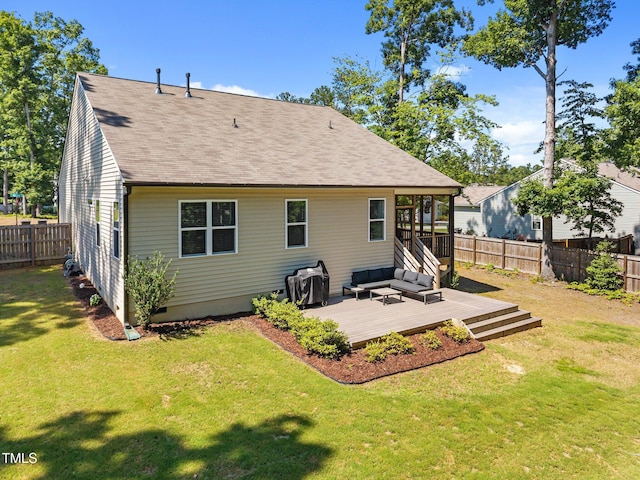 2321 Blue Crab Ct, Wake Forest, NC 27587 - rear view of property featuring a fenced backyard, a wooden deck, an outdoor living space, and roof with shingles