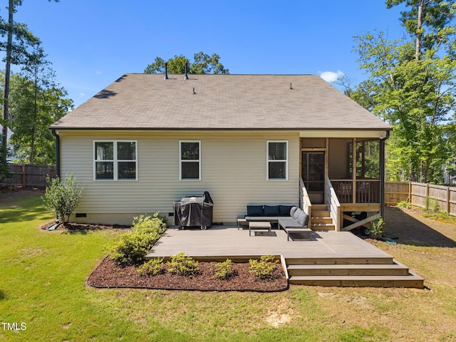 2321 Blue Crab Ct, Wake Forest, NC 27587 - back of property with outdoor lounge area, a sunroom, a fenced backyard, and a wooden deck