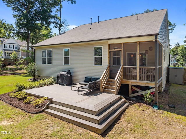 2321 Blue Crab Ct, Wake Forest, NC 27587 - rear view of property featuring a sunroom, a wooden deck, a lawn, an outdoor hangout area, and roof with shingles