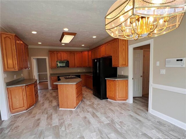 333 Westwater Way, Fayetteville, NC 28301 - kitchen with black appliances, a chandelier, a center island, crown molding, and recessed lighting