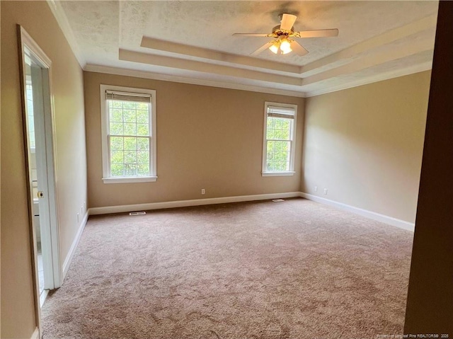 333 Westwater Way, Fayetteville, NC 28301 - spare room with a tray ceiling, plenty of natural light, carpet floors, ceiling fan, and crown molding