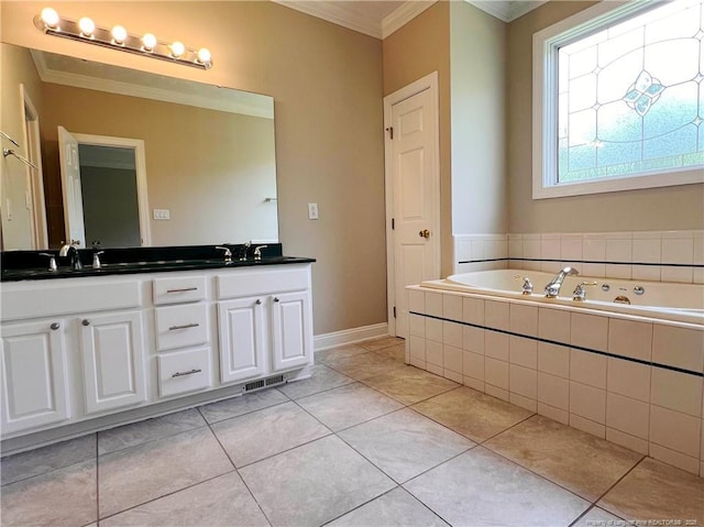333 Westwater Way, Fayetteville, NC 28301 - full bath featuring ornamental molding, double vanity, a garden tub, and tile patterned flooring